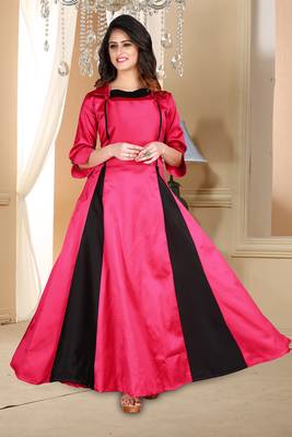 Pink Embroidered Satin Party Wear Gown 1
