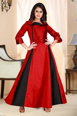 Red Embroidered Satin Party Wear Gown 1