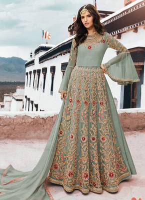 Blue Embroidered Net Semi Stitched Salwar With Dupatta 1
