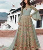 Blue Embroidered Net Semi Stitched Salwar With Dupatta