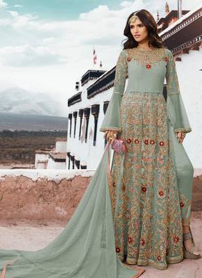 Blue Embroidered Net Semi Stitched Salwar With Dupatta 2