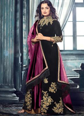 black embroidered velvet semi stitched salwar with dupatta 1