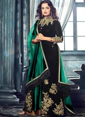 black embroidered velvet semi stitched salwar with dupatta 1