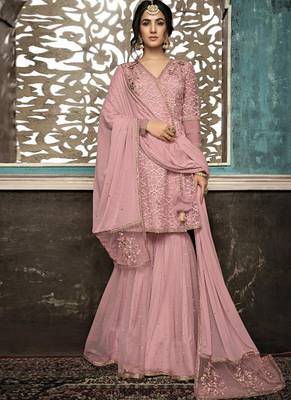 Pink Embroidered Net Semi Stitched Salwar With Dupatta 1