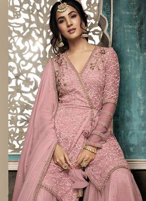 Pink Embroidered Net Semi Stitched Salwar With Dupatta 2