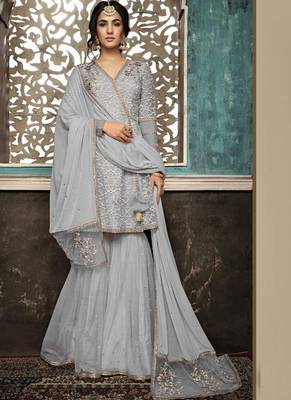 Grey Embroidered Net Semi Stitched Salwar With Dupatta 1