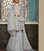 Grey Embroidered Net Semi Stitched Salwar With Dupatta