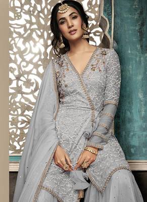 Grey Embroidered Net Semi Stitched Salwar With Dupatta 2