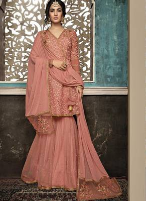 Peach Embroidered Net Semi Stitched Salwar With Dupatta 1