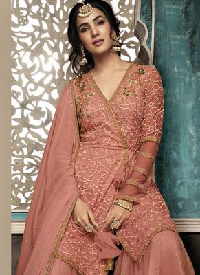 Peach Embroidered Net Semi Stitched Salwar With Dupatta 2