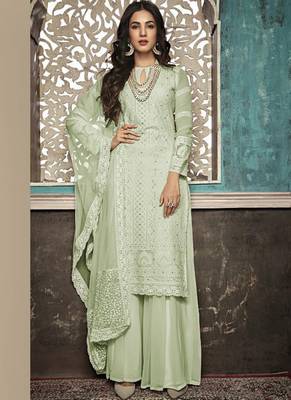 Green Embroidered Georgette Semi Stitched Salwar With Dupatta 1