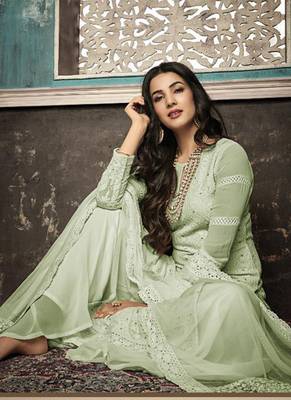 Green Embroidered Georgette Semi Stitched Salwar With Dupatta 2