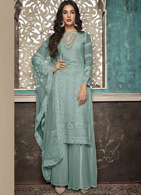 Blue Embroidered Georgette Semi Stitched Salwar With Dupatta 1