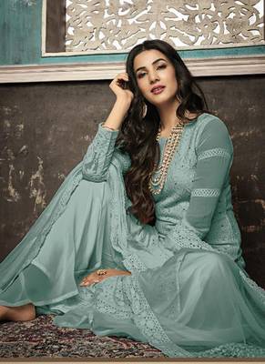 Blue Embroidered Georgette Semi Stitched Salwar With Dupatta 2