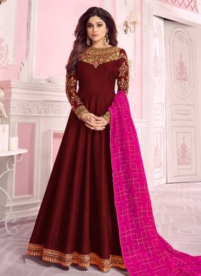Maroon Embroidered Silk Blend Semi Stitched Salwar With Dupatta 1
