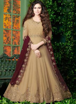 beige embroidered georgette semi stitched salwar with dupatta 1