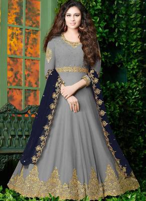 grey embroidered georgette semi stitched salwar with dupatta 1