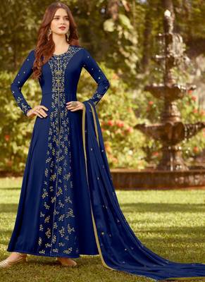 Blue Embroidered Georgette Semi Stitched Salwar With Dupatta 1