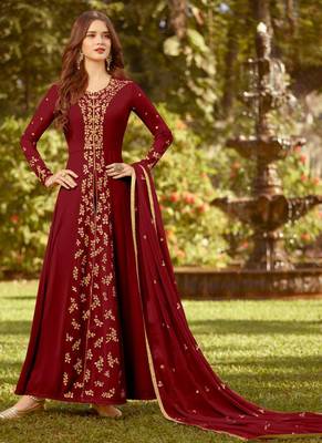 Maroon Embroidered Georgette Semi Stitched Salwar With Dupatta 1
