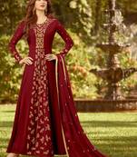 Maroon Embroidered Georgette Semi Stitched Salwar With Dupatta