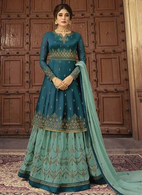 green embroidered georgette semi stitched salwar with dupatta 1