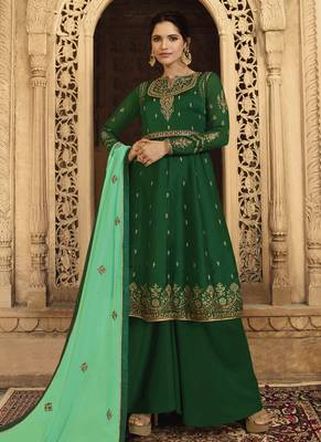 green embroidered georgette semi stitched salwar with dupatta 1