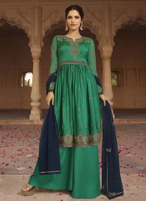 green embroidered georgette semi stitched salwar with dupatta 1