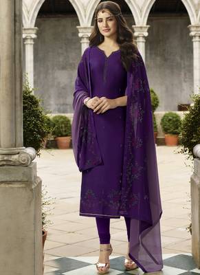purple embroidered georgette semi stitched salwar with dupatta 1