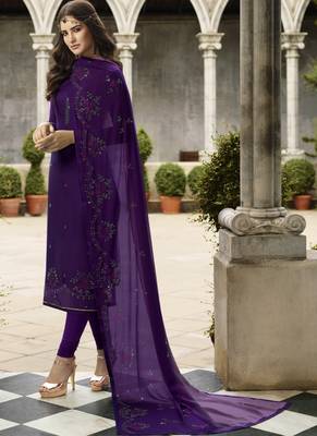 purple embroidered georgette semi stitched salwar with dupatta 2