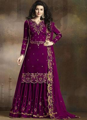 Purple Embroidered Silk Blend Semi Stitched Salwar With Dupatta 1