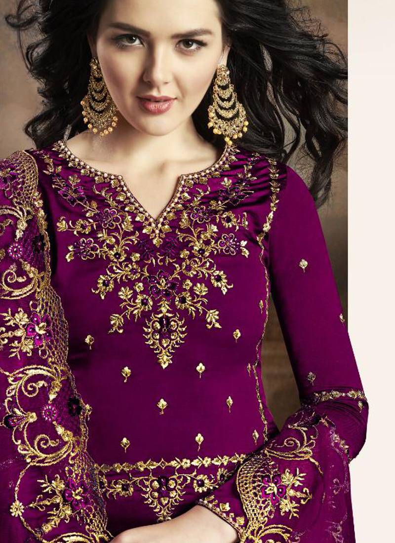 Purple Embroidered Silk Blend Semi Stitched Salwar With Dupatta