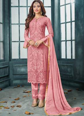 Pink Embroidered Georgette Semi Stitched Salwar With Dupatta 1