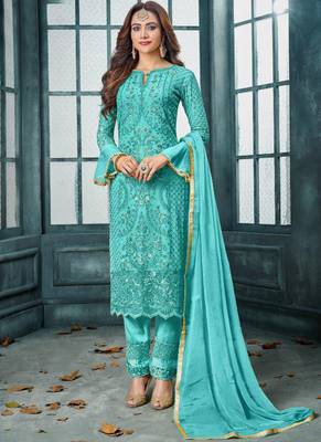 Turquoise Embroidered Georgette Semi Stitched Salwar With Dupatta 1