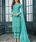 Turquoise Embroidered Georgette Semi Stitched Salwar With Dupatta
