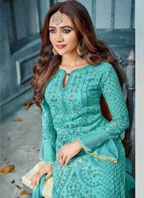 Turquoise Embroidered Georgette Semi Stitched Salwar With Dupatta 2