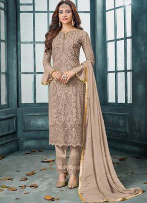 Beige Embroidered Georgette Semi Stitched Salwar With Dupatta 1