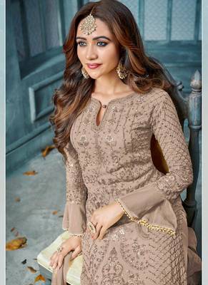 Beige Embroidered Georgette Semi Stitched Salwar With Dupatta 2