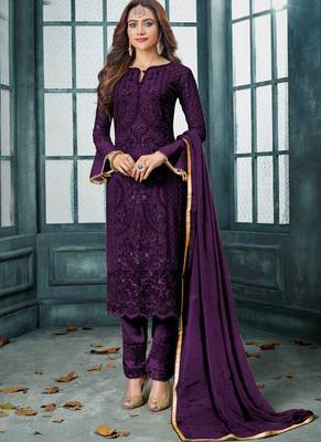 Purple Embroidered Georgette Semi Stitched Salwar With Dupatta 1