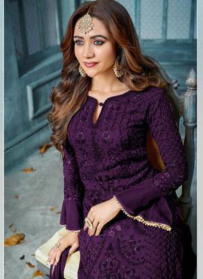 Purple Embroidered Georgette Semi Stitched Salwar With Dupatta 2