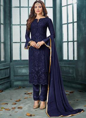 Blue Embroidered Georgette Semi Stitched Salwar With Dupatta 1