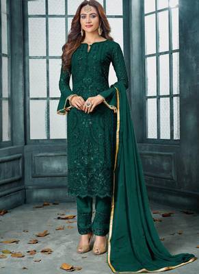 Green Embroidered Georgette Semi Stitched Salwar With Dupatta 1
