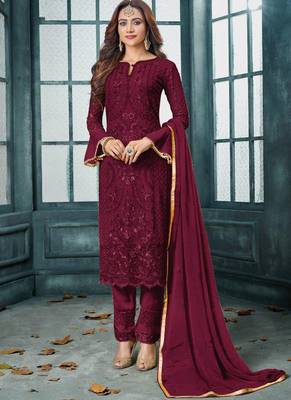 Maroon Embroidered Georgette Semi Stitched Salwar With Dupatta 1