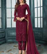 Maroon Embroidered Georgette Semi Stitched Salwar With Dupatta