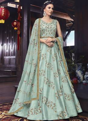 Blue Embroidered Silk Blend Semi Stitched Salwar With Dupatta 1