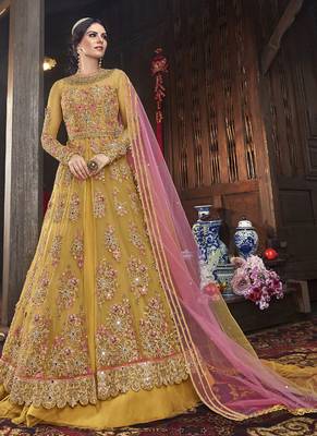Yellow Embroidered Net Semi Stitched Salwar With Dupatta 1