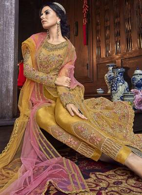 Yellow Embroidered Net Semi Stitched Salwar With Dupatta 2