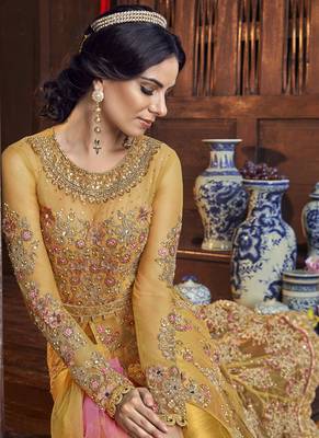 Yellow Embroidered Net Semi Stitched Salwar With Dupatta 3