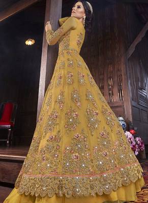 Yellow Embroidered Net Semi Stitched Salwar With Dupatta 4