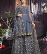 Grey Embroidered Net Semi Stitched Salwar With Dupatta