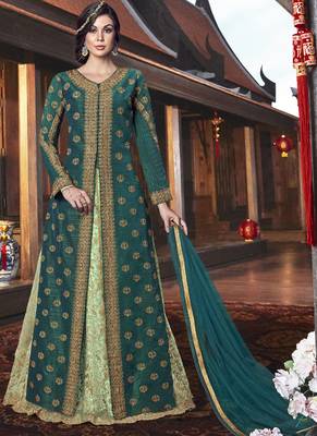 Green Embroidered Silk Blend Semi Stitched Salwar With Dupatta 1